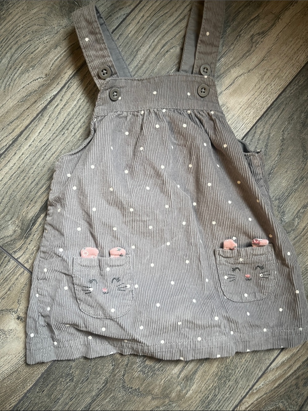 Carter's gray Corduroy Polka Dot Pinafore Overalls with Pink bunny pockets